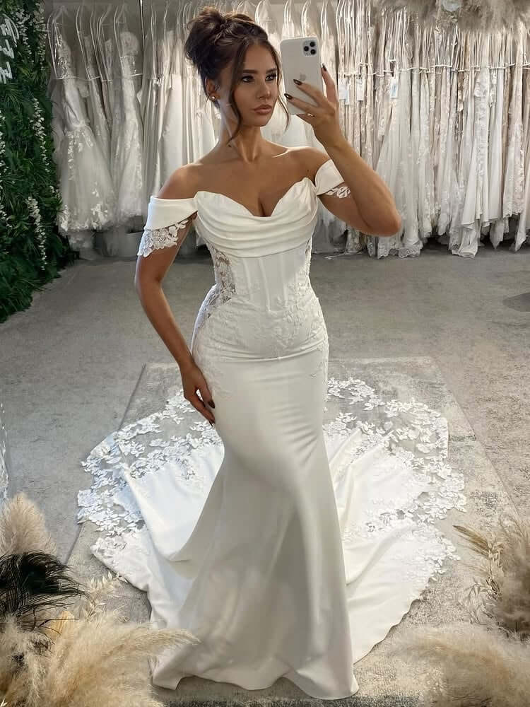 New Satin Beach Corset Wedding Dress Lace Off-Shoulder