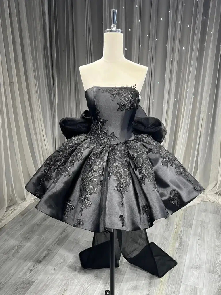 New Strapless Mini Black Lace Homecoming Dress with Bow