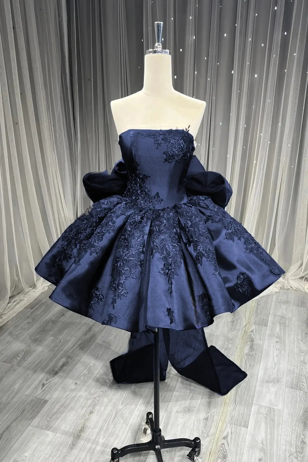 New Strapless Mini navy blue Lace Homecoming Dress with Bow