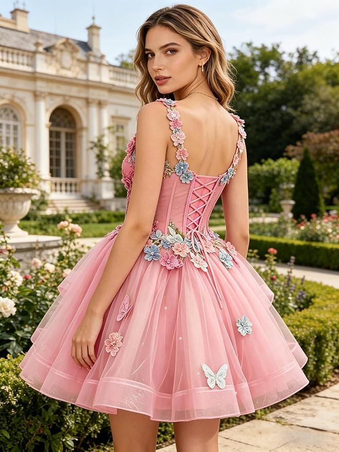 New Tulle 3D Flower Homecoming Dress for Teen Short Cocktail Dress