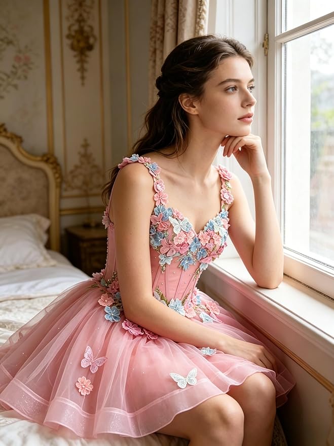 New Tulle 3D Flower Homecoming Dress for Teen Short Cocktail Dress