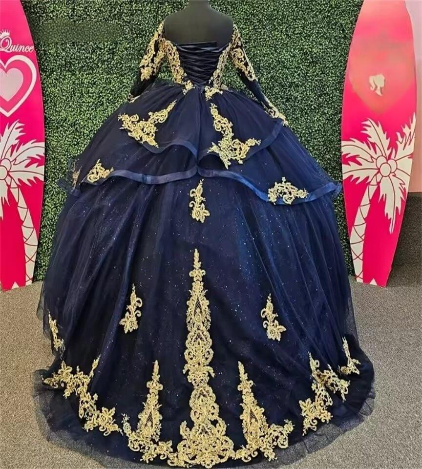Navy blue gown with gold embroidery Quinceanera Dress With Appliques