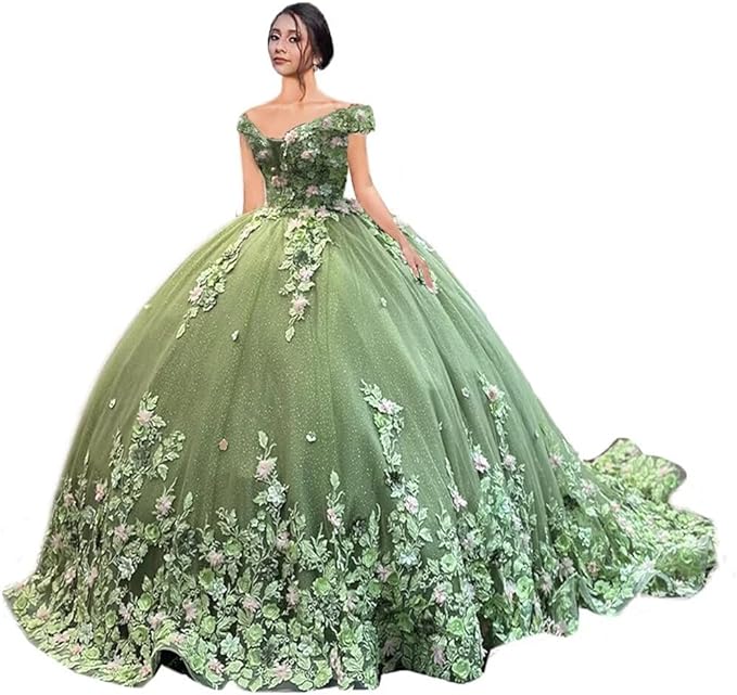Off Shoulder 3D Floral Quinceanera Dresses sage green Sweet 16 Dress with Train Mychicdress
