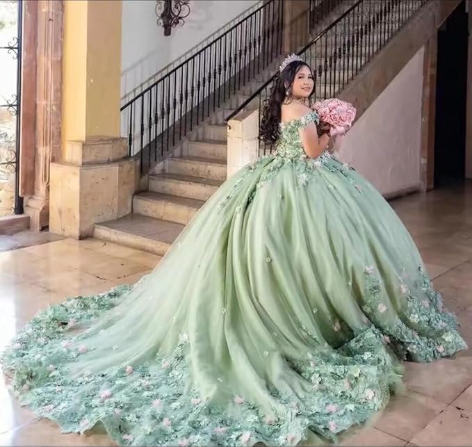 Off Shoulder 3D Floral Quinceanera Dresses mint green Sweet 16 Dress with Train Mychicdress
