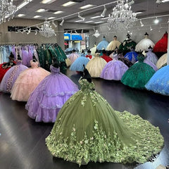Off Shoulder 3D Floral Quinceanera Dresses sage green Sweet 16 Dress with Train Mychicdress