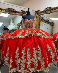 Off Shoulder Ball Gown Red Quinceanera Dress With Gold Lace Embellishment Mychicdress