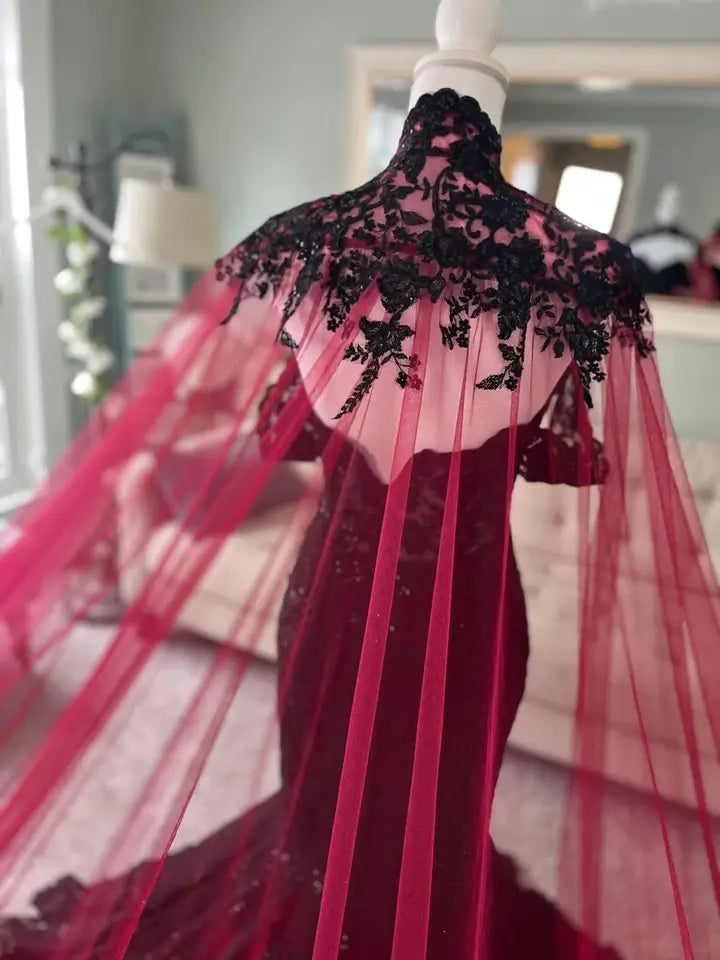 Off-Shoulder Black and Red Mermaid Wedding Dresses Applique with Cape