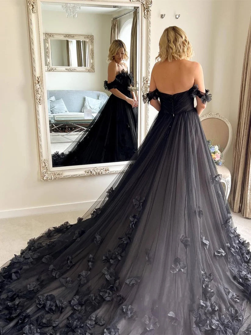 Off Shoulder Black Gothic Wedding Dress with 3D Flowers