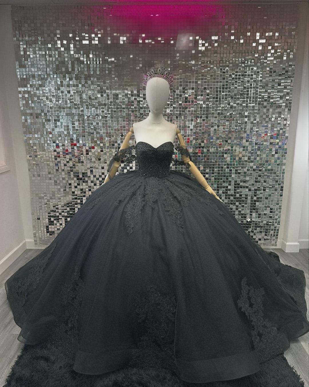 Off-Shoulder Black Quince Dress Tulle Beaded Appliques for Sweet 16 Mychicdress