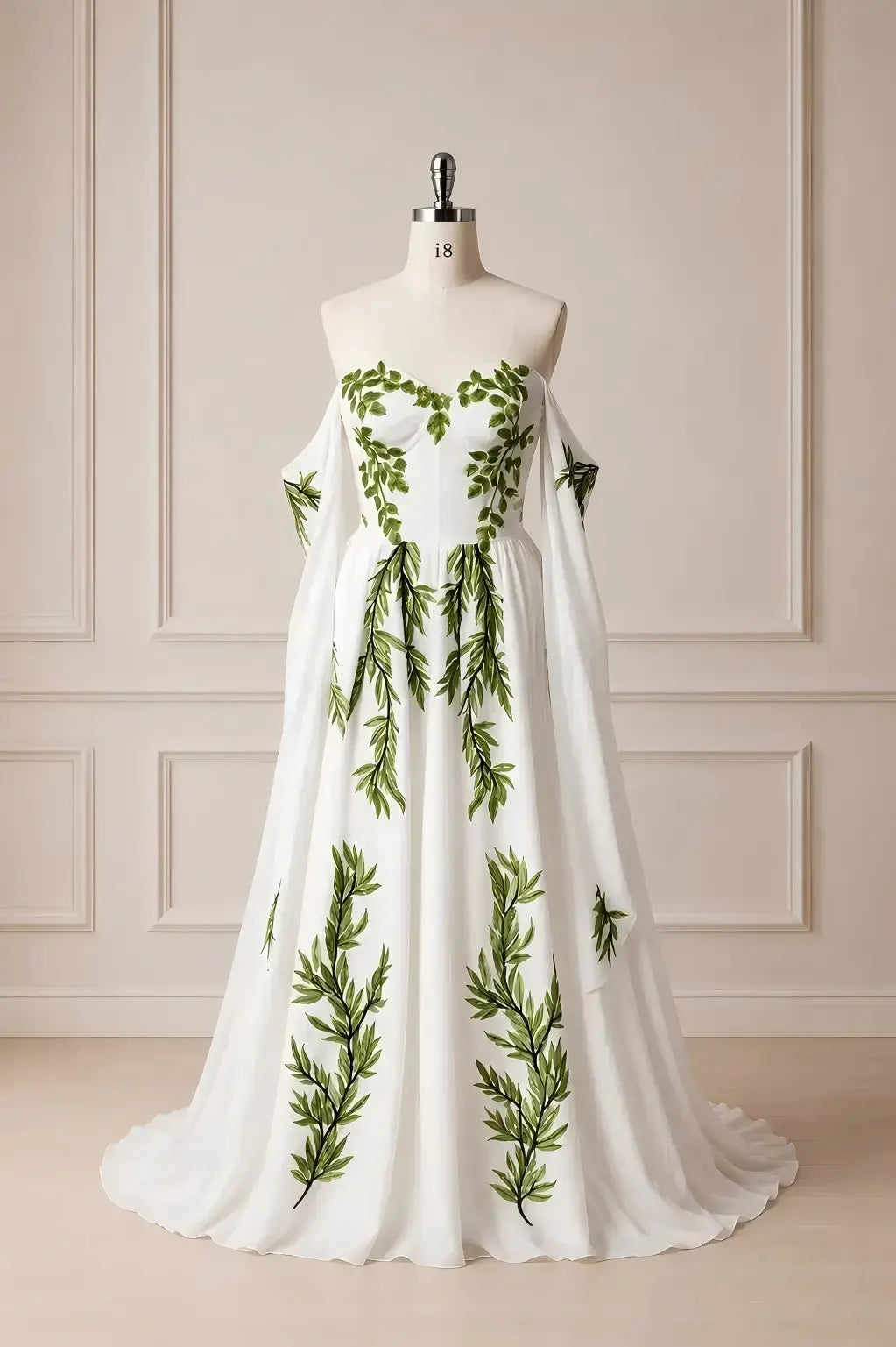 Off Shoulder Chiffon Forest Whimsical Wedding Dresses Green Leaf Appliqués