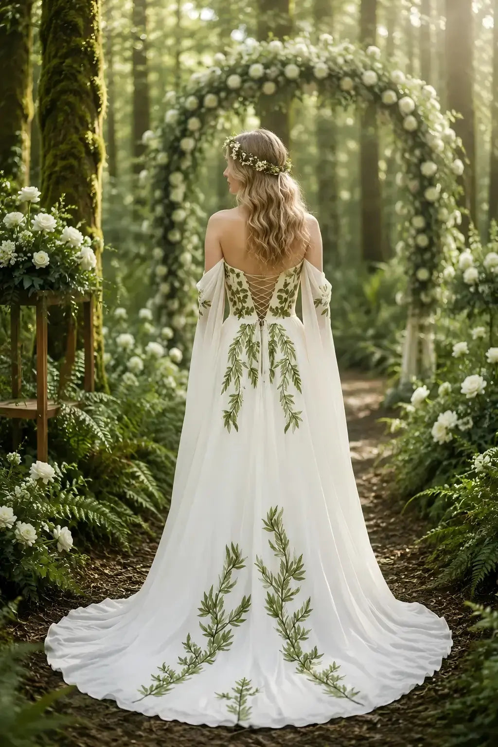 Off Shoulder Chiffon Forest Whimsical Wedding Dresses Green Leaf Appliqués
