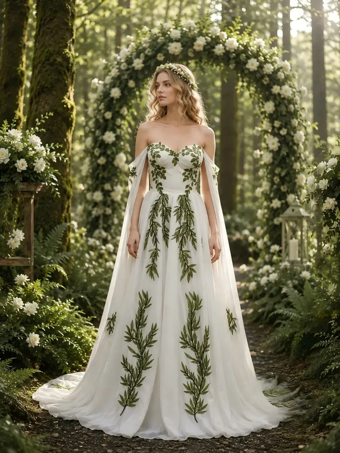 Off Shoulder Chiffon Forest Whimsical Wedding Dresses Green Leaf Appliqués