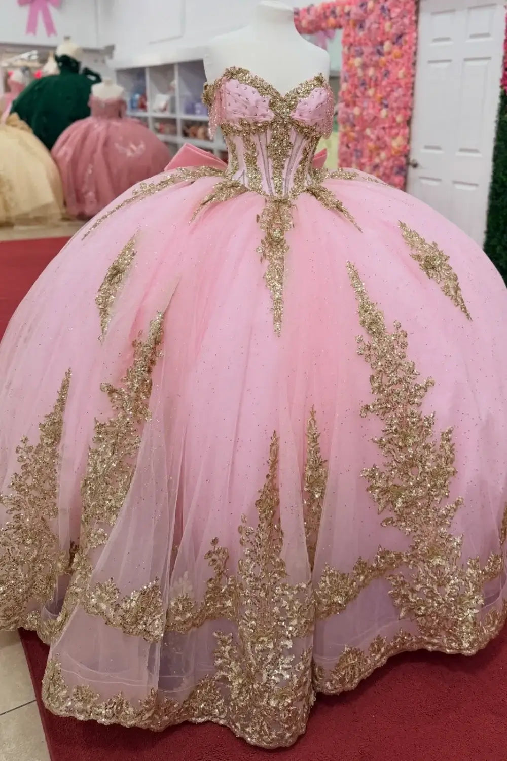 Off Shoulder Corset Blush Pink Quinceanera Dresses Gold Lace Appliqued