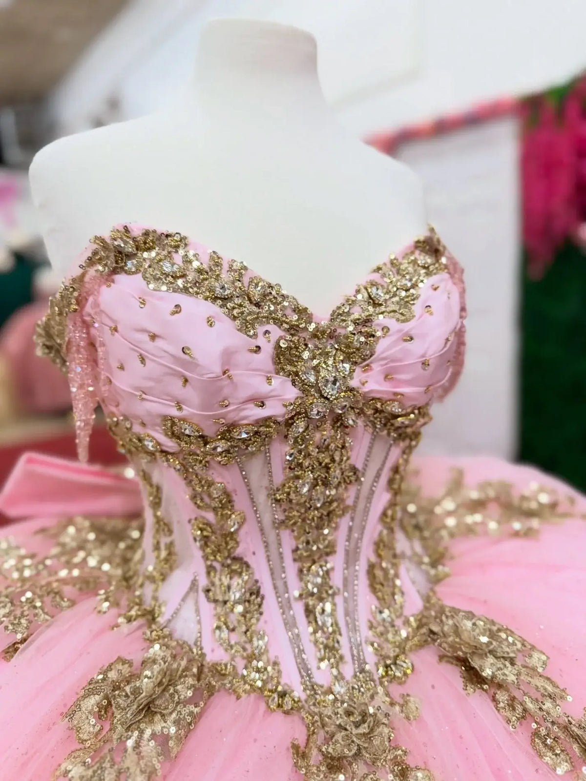 Off Shoulder Corset Blush Pink Quinceanera Dresses Gold Lace Appliqued