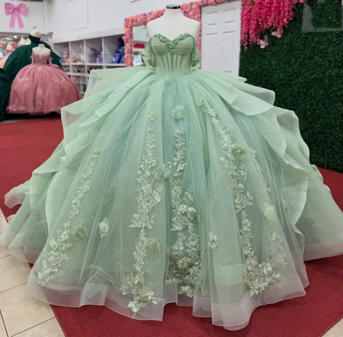 Off Shoulder Corset Green Ruffled Quinceanera Dresses Near Me