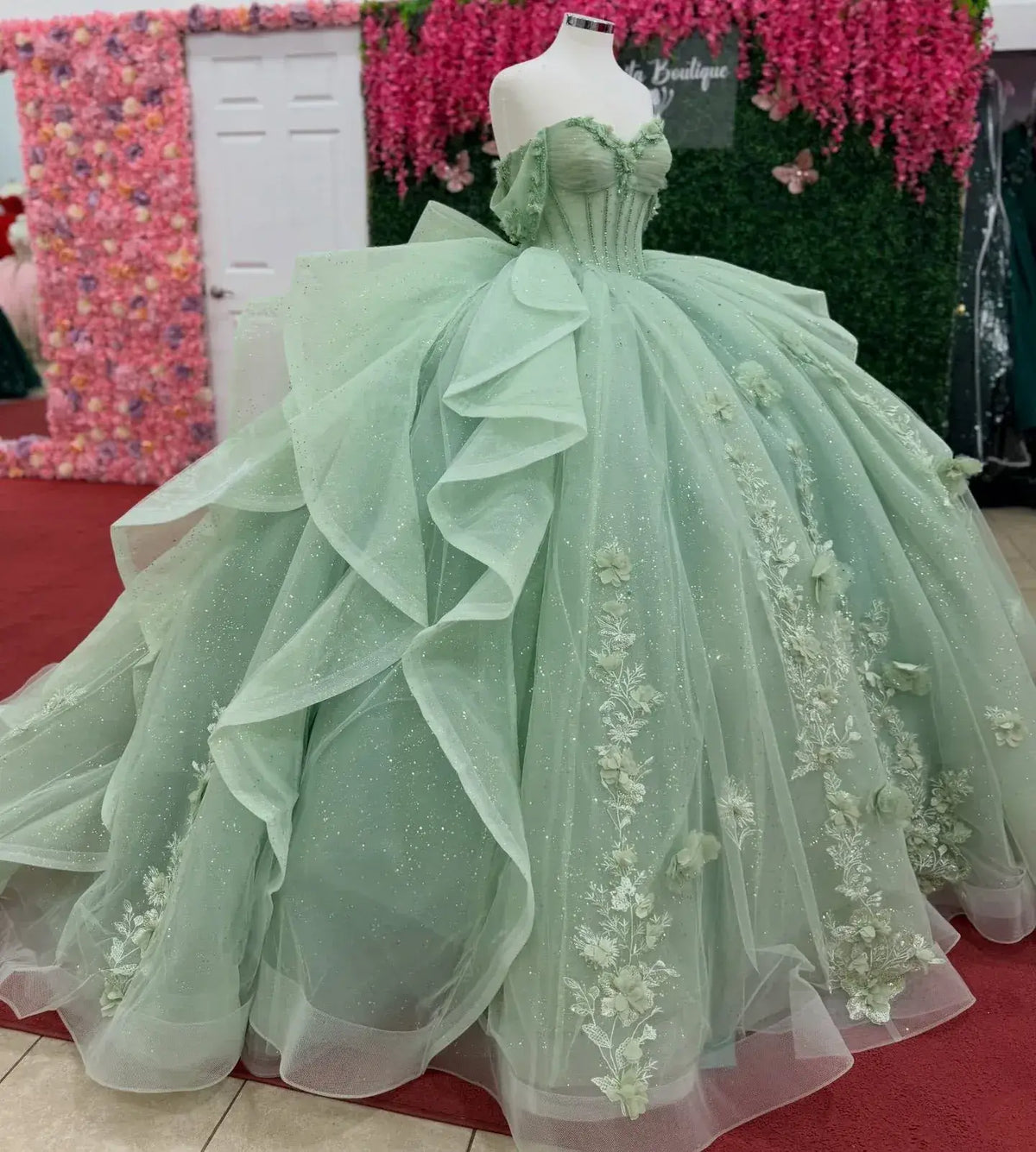 Off Shoulder Corset Green Ruffled Quinceanera Dresses Near Me
