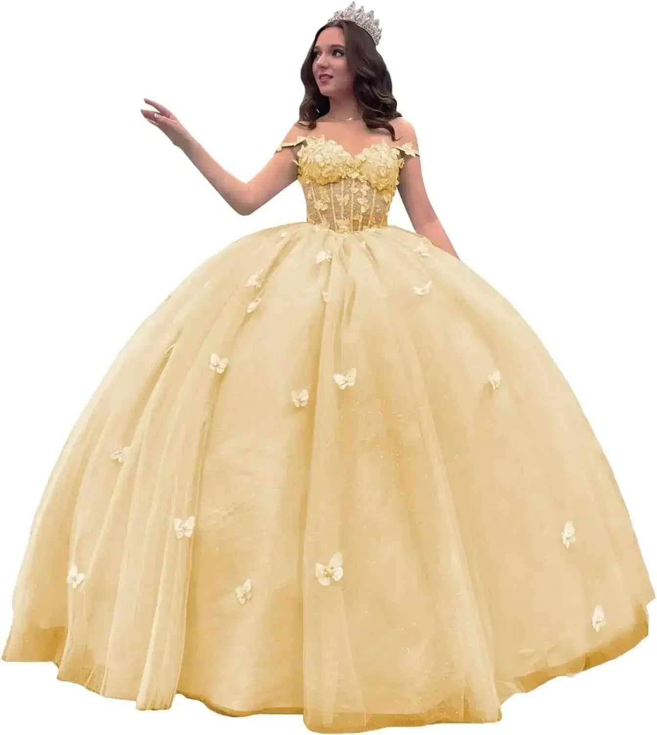 Off Shoulder Gold Corset Quinceanera Dresses Butterfly with Bow
