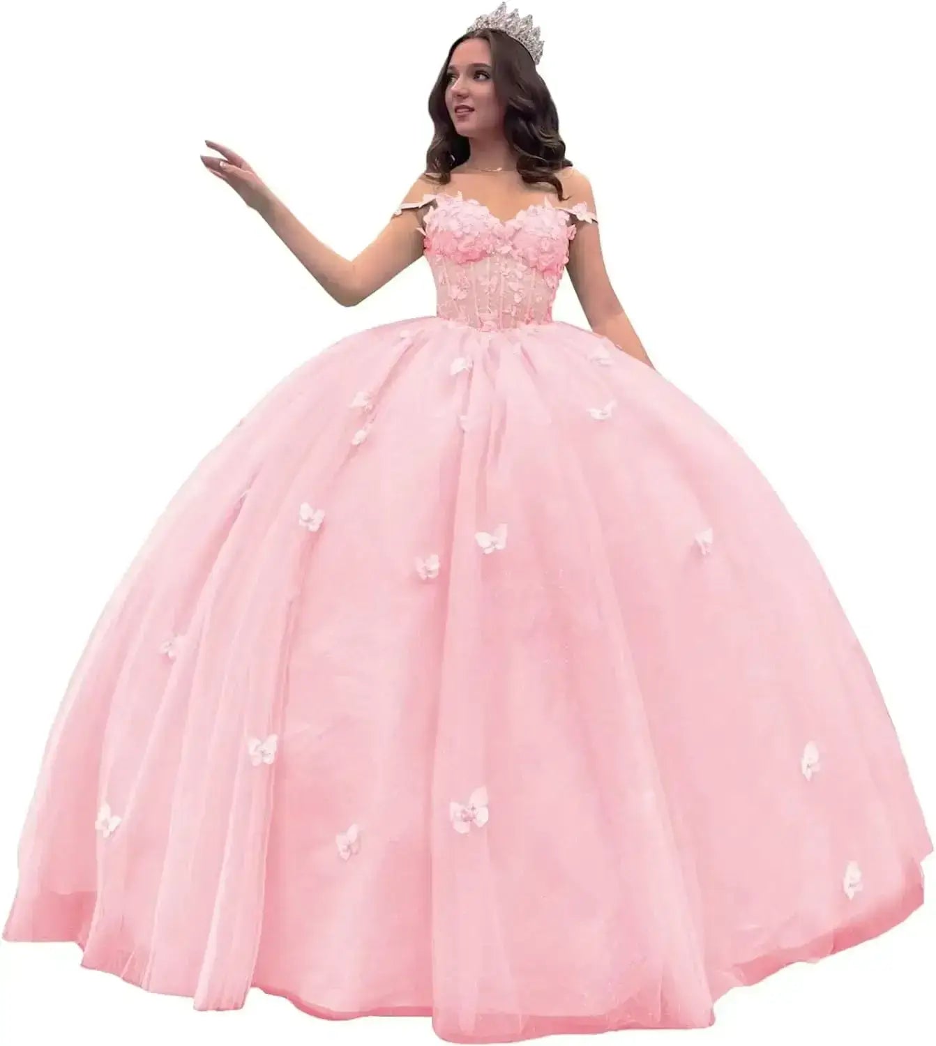 Off Shoulder Pink Corset Quinceanera Dresses Butterfly with Bow