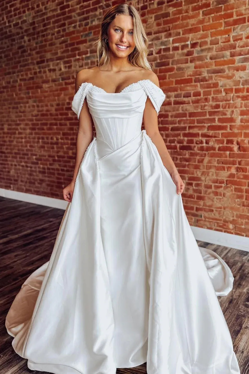 Off Shoulder Corset Satin Beach Wedding Dresses Crystal Detachable Train