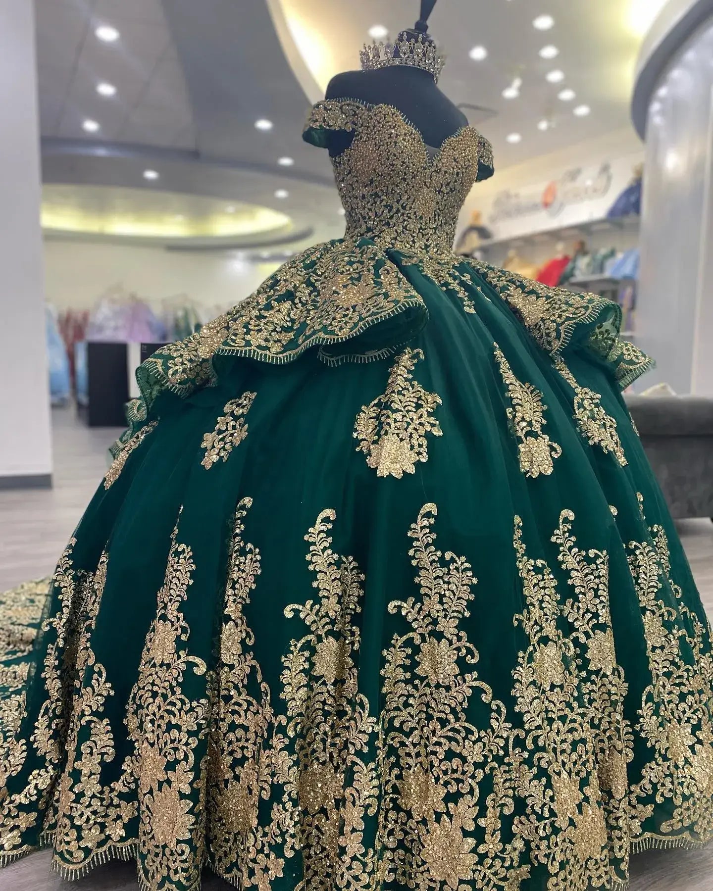 Off-Shoulder Dark Green Gold Corset Quinceanera Dress Ball Gown Tulle