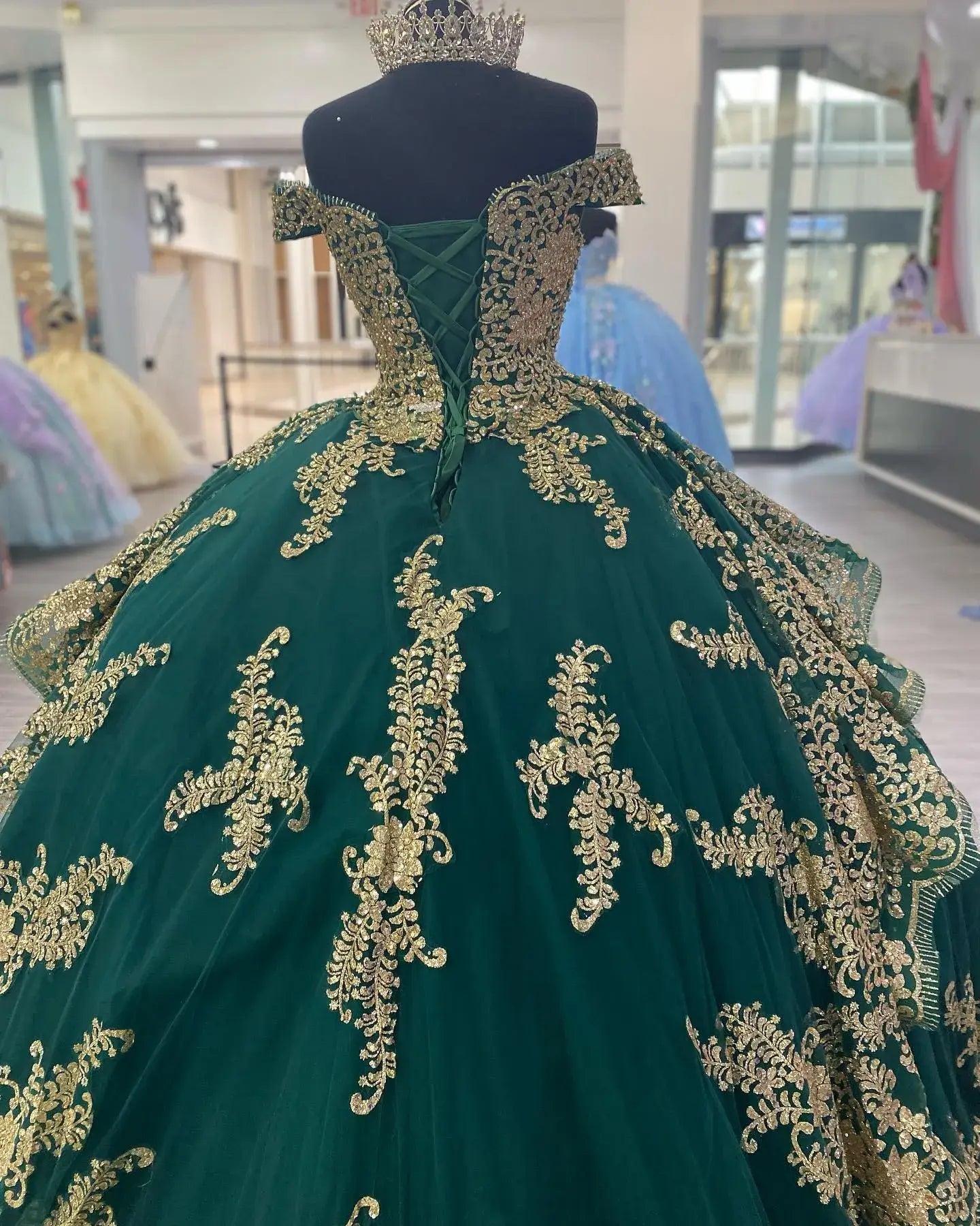 Off-Shoulder Dark Green Gold Corset Quinceanera Dress Ball Gown Tulle