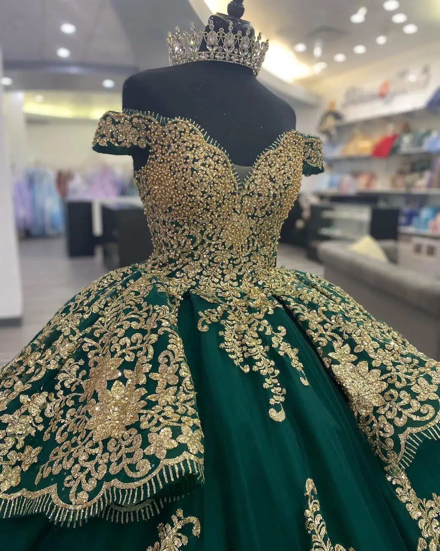Off-Shoulder Dark Green Gold Corset Quinceanera Dress Ball Gown Tulle