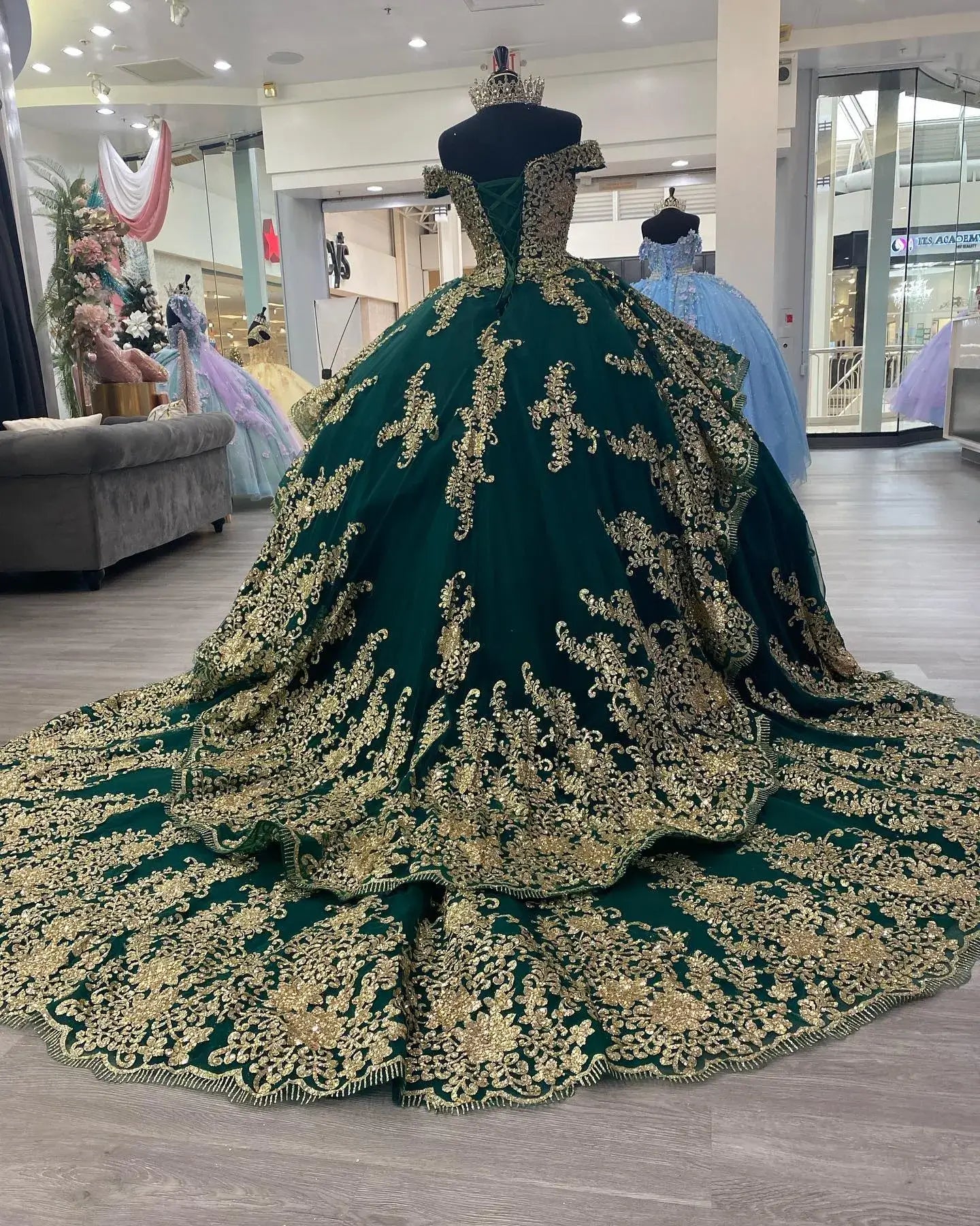 Off-Shoulder Dark Green Gold Corset Quinceanera Dress Ball Gown Tulle
