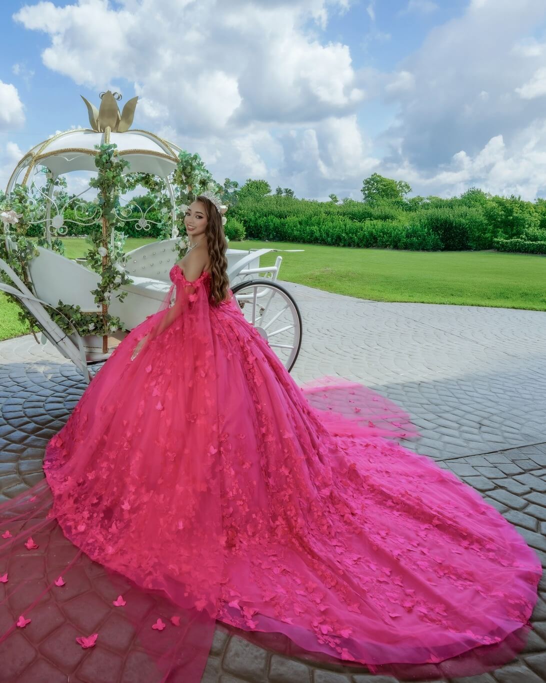 pink ball gown quince dress with butterfly
