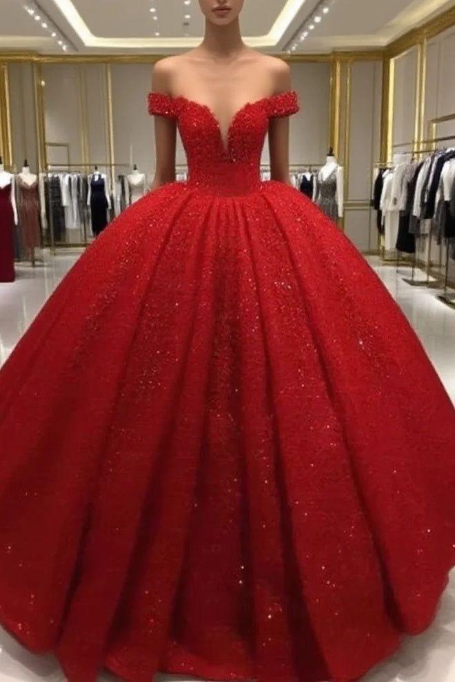 Off Shoulder Glitter Red Sequin  wedding Dresses Ball Gown Bridal Wear