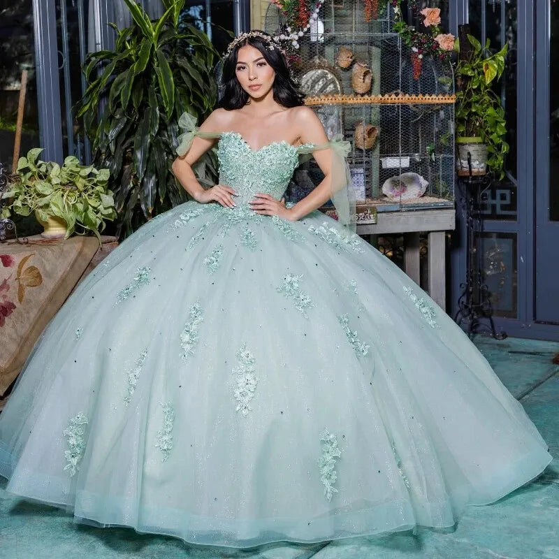 Off Shoulder Lace Sage Green Sweet 16 Quinceanera Dress Appliques