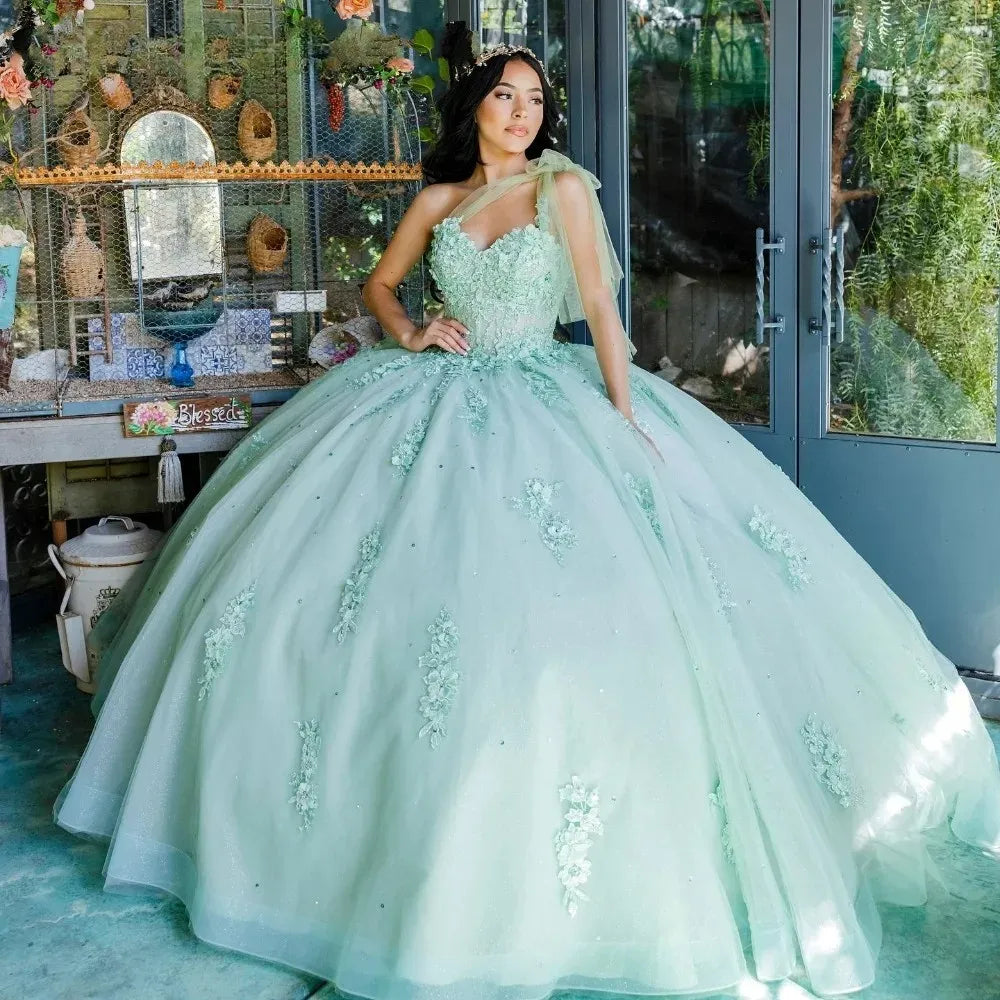 Off Shoulder Lace Sage Green Sweet 16 Quinceanera Dress Appliques