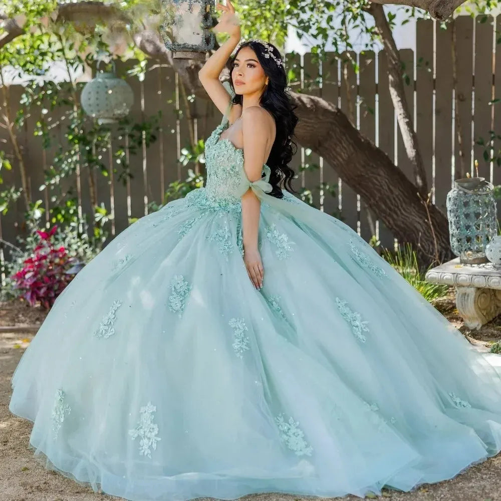 Off Shoulder Lace Sage Green Sweet 16 Quinceanera Dress Appliques
