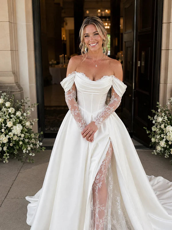 Off-Shoulder Long Sleeves Boho Wedding Dress Corset Lace Satin
