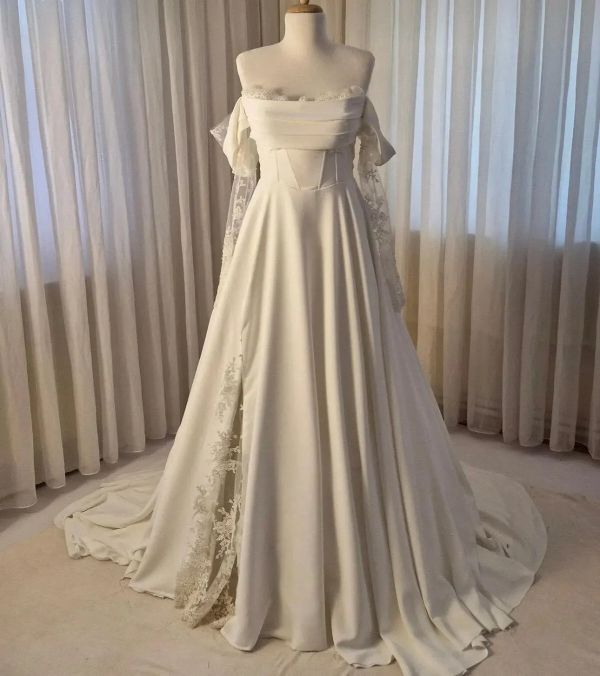 Off-Shoulder Long Sleeves Boho Wedding Dress Corset Lace Satin