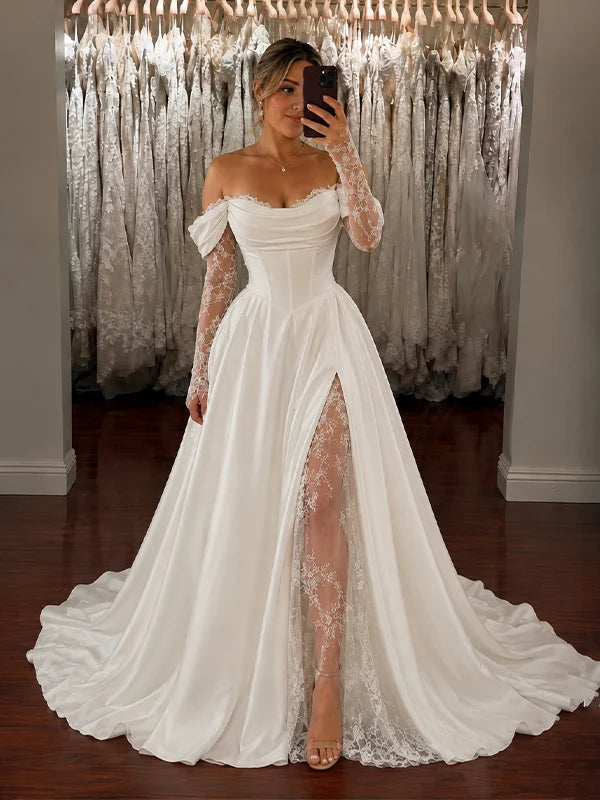 Off-Shoulder Long Sleeves Boho Wedding Dress Corset Lace Satin