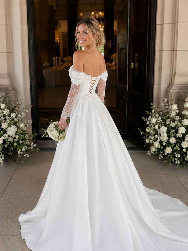Off-Shoulder Long Sleeves Boho Wedding Dress Corset Lace Satin