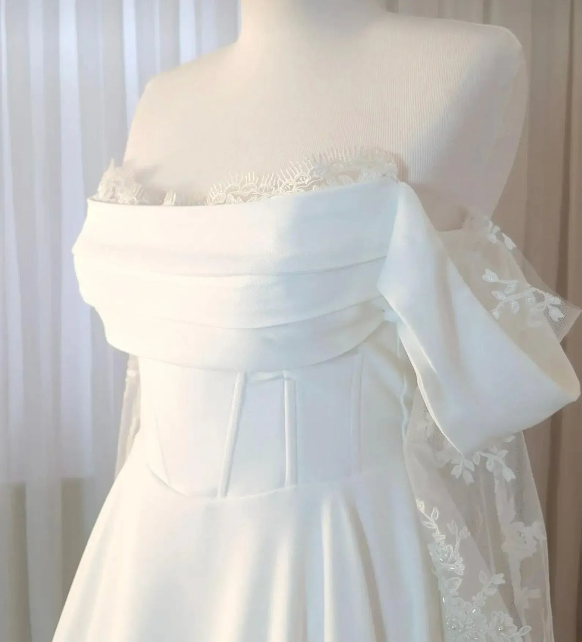 Off-Shoulder Long Sleeves Boho Wedding Dress Corset Lace Satin