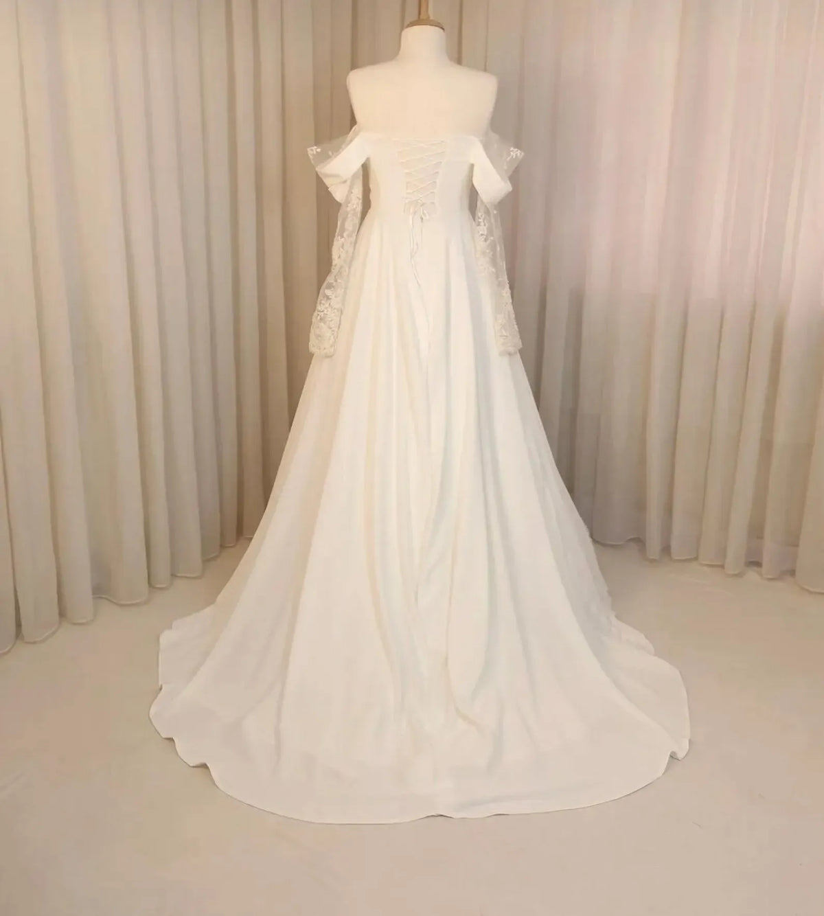 Off-Shoulder Long Sleeves Boho Wedding Dress Corset Lace Satin