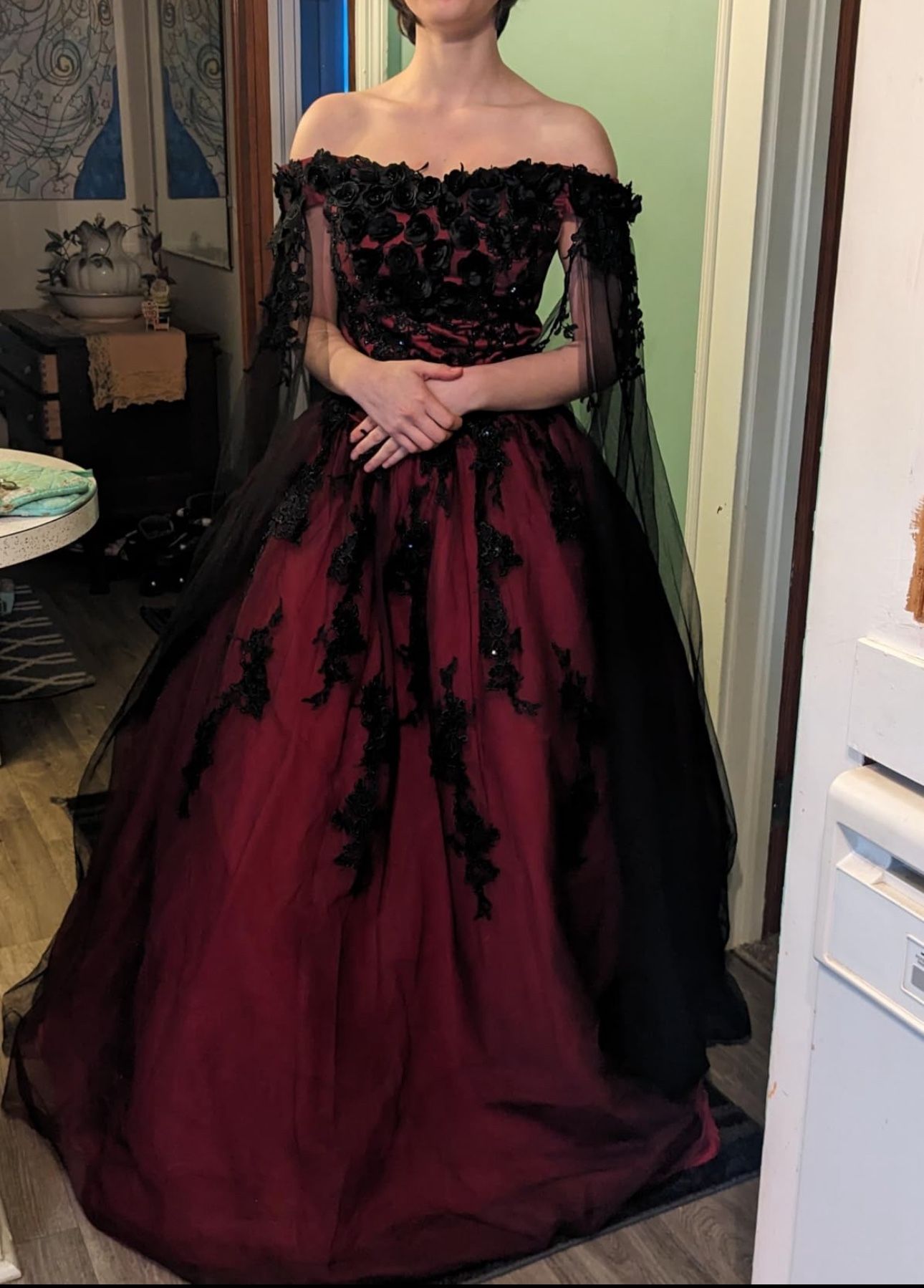Off-Shoulder Black Red Lace Wedding Dress Masquerade Prom Dress
