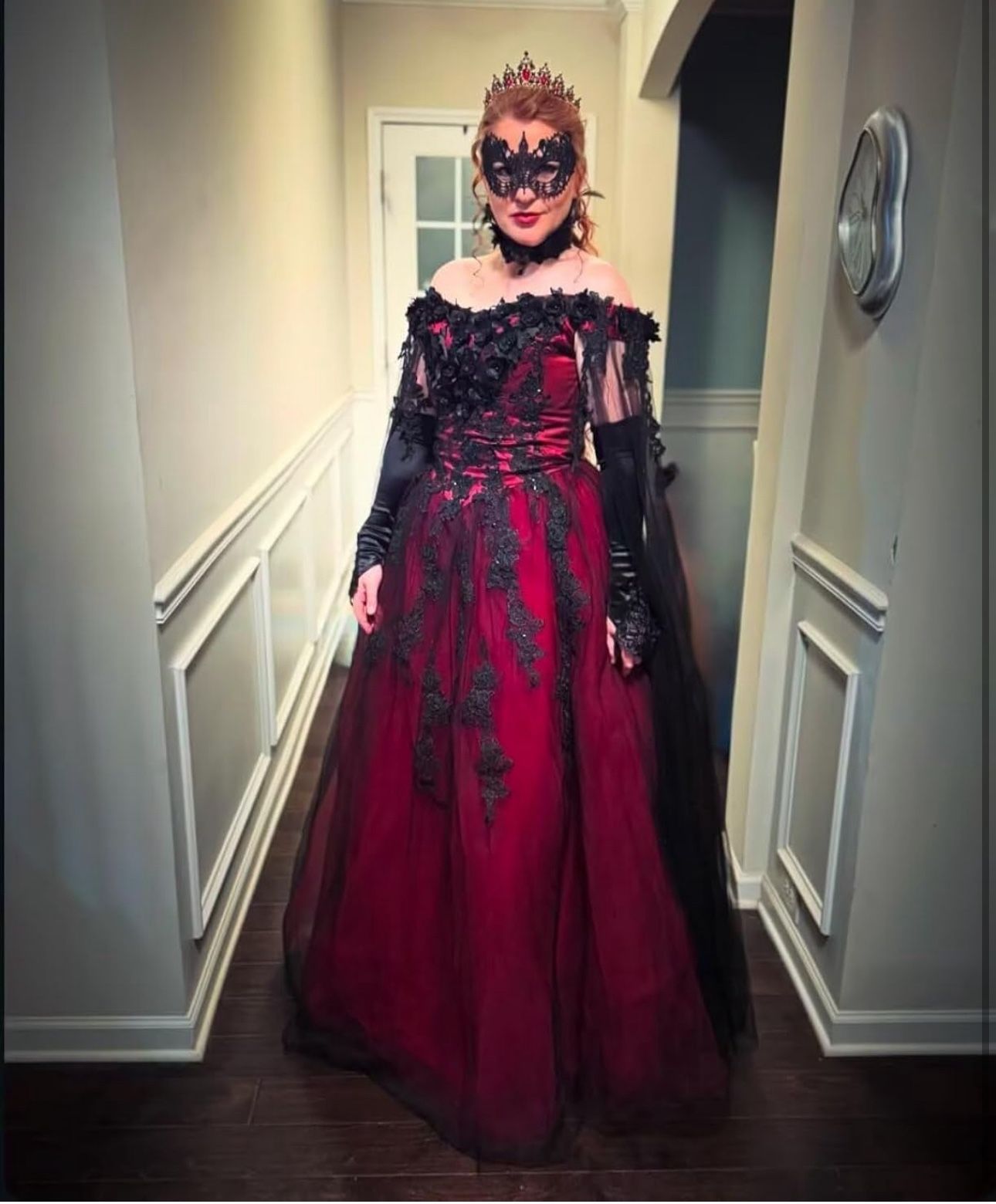 Off-Shoulder Black Red Lace Wedding Dress Masquerade Prom Dress
