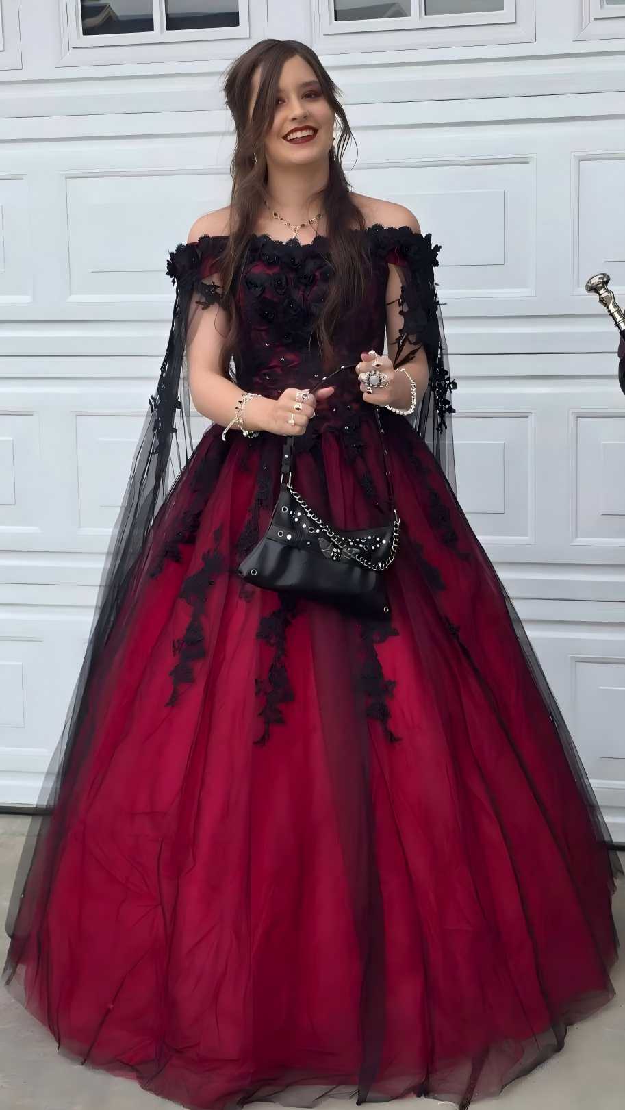 Off-Shoulder Black Red Lace Wedding Dress Masquerade Prom Dress