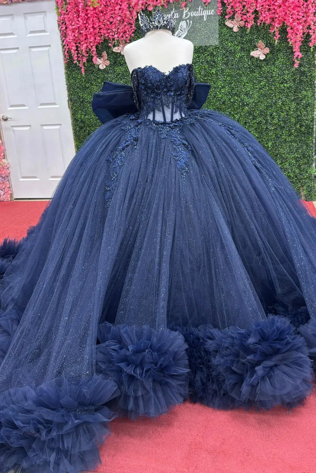 Off Shoulder Navy Ruffled Corset Quinceanera Dresses Beaded Flowers