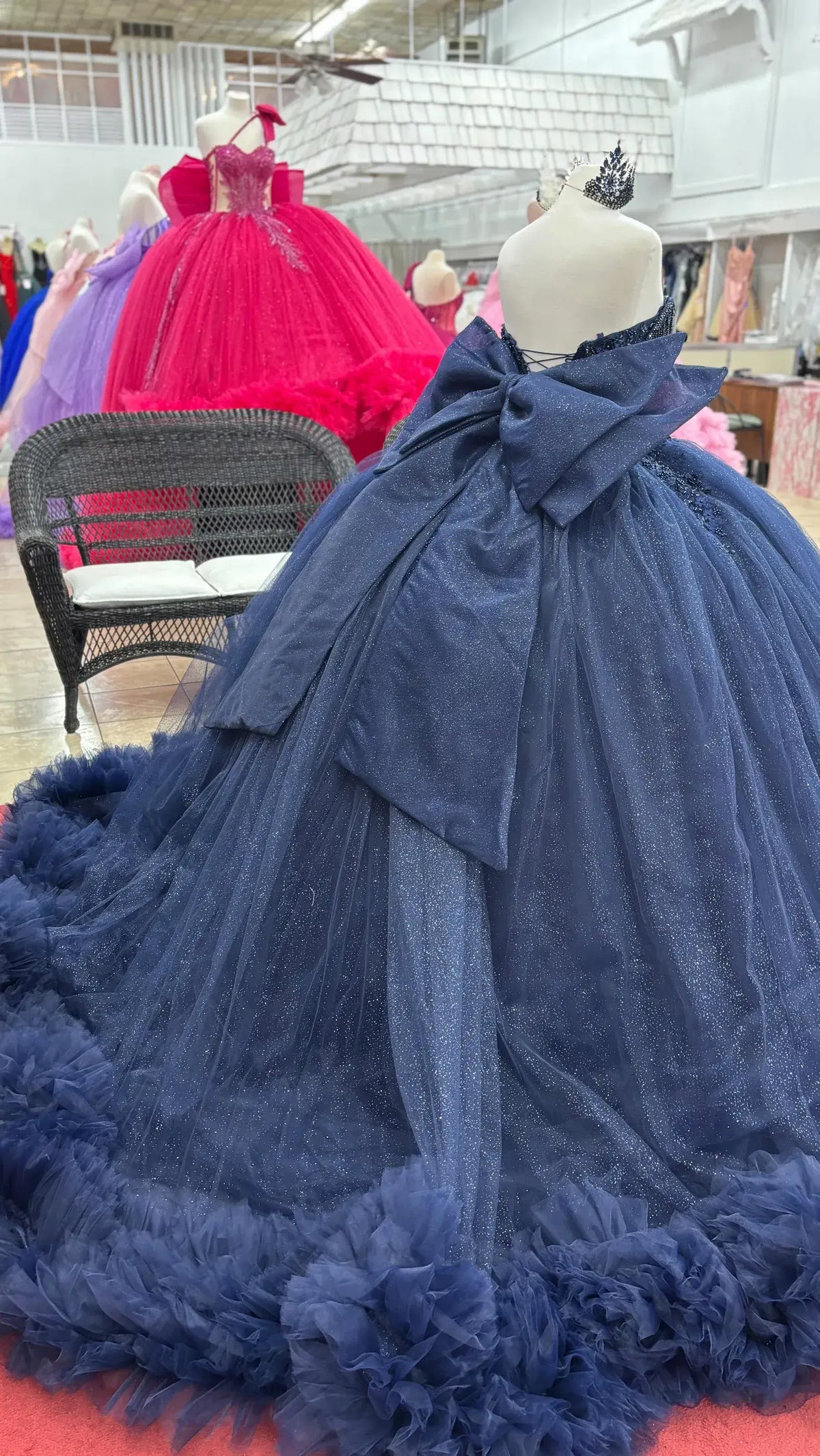Off Shoulder Navy Ruffled Corset Quinceanera Dresses Beaded Flowers