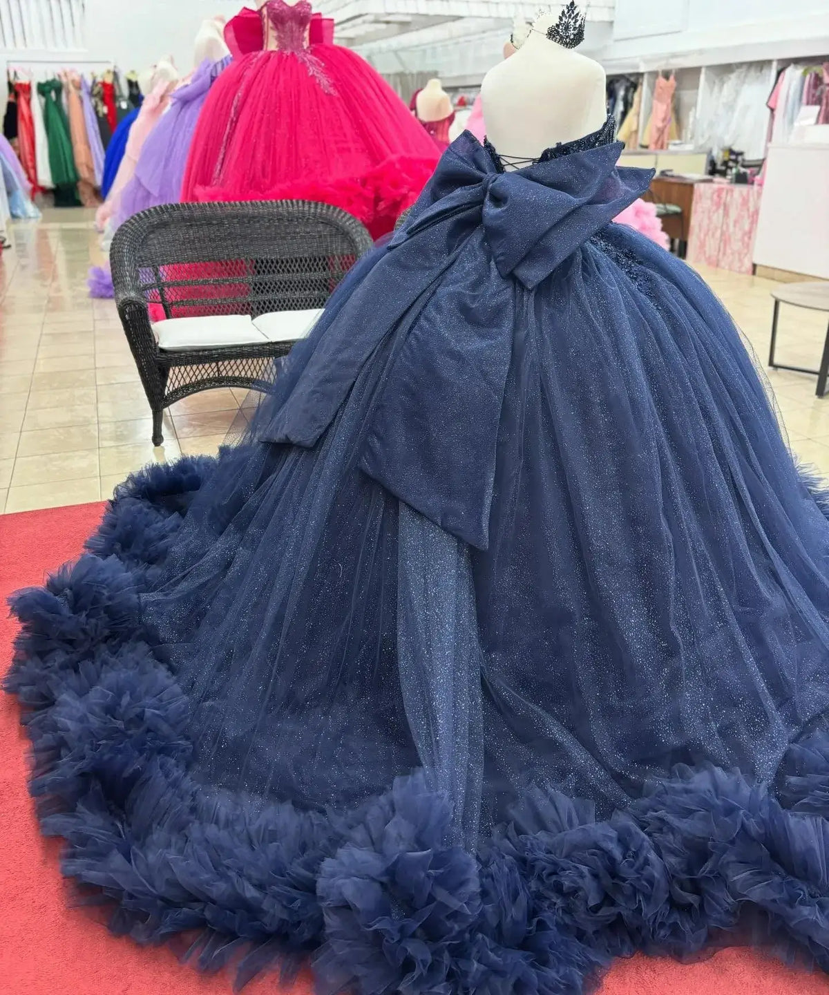 Off Shoulder Navy Ruffled Corset Quinceanera Dresses Beaded Flowers