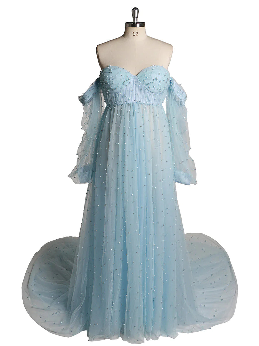 blue Pearls Maternity Dress with Sleeves Photoshoot Dresses for Ladies Mychicdress