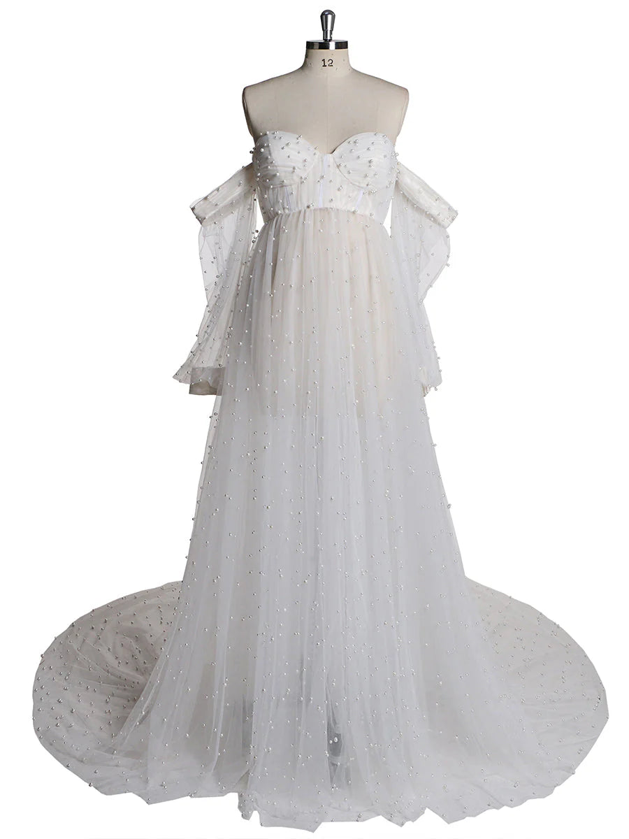 white Pearls Maternity Dress with Sleeves Photoshoot Dresses for Ladies Mychicdress