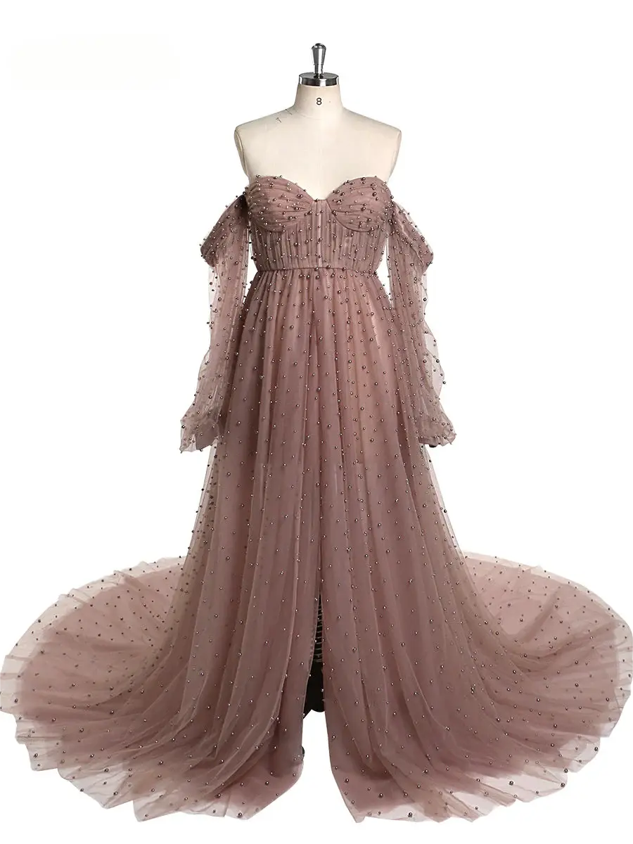 Off Shoulder Pearls Maternity Dress with Sleeves Photoshoot Dresses for Ladies Mychicdress