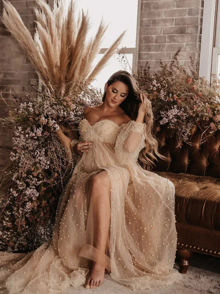 Off Shoulder Pearls Maternity Dress with Sleeves Photoshoot Dresses for Ladies