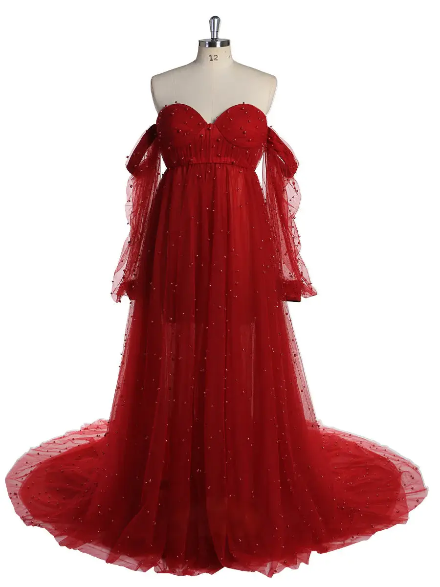 red Pearls Maternity Dress with Sleeves Photoshoot Dresses for Ladies Mychicdress