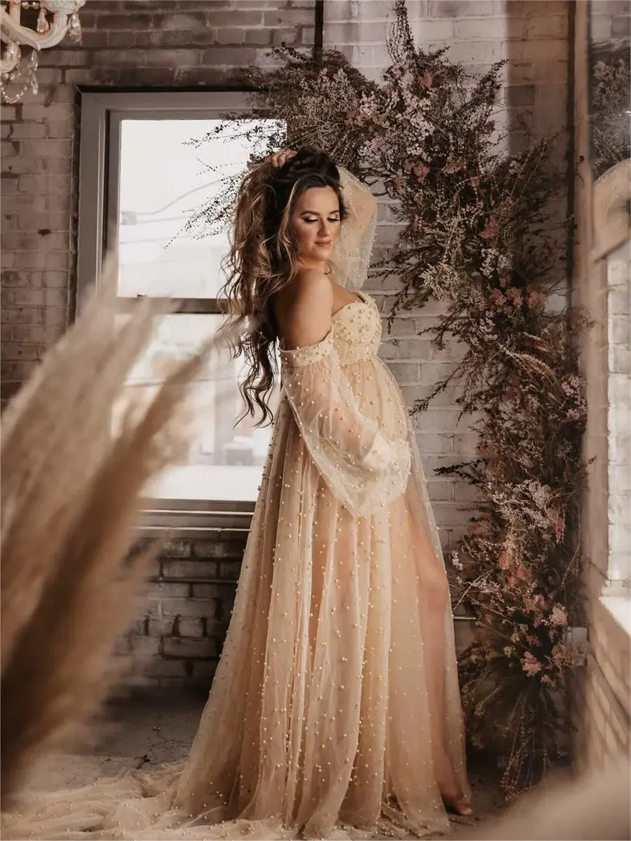 Off Shoulder Pearls Maternity Dress with Sleeves Photoshoot Dresses for Ladies